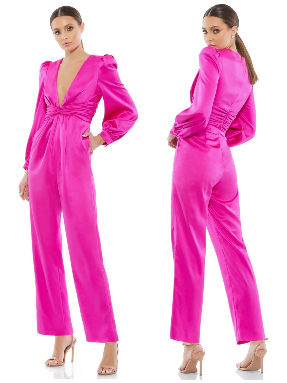 Mac Duggal Fuchsia Pink Satin Deep V-Neck Long Sleeve Jumpsuit A2647 NWT $298